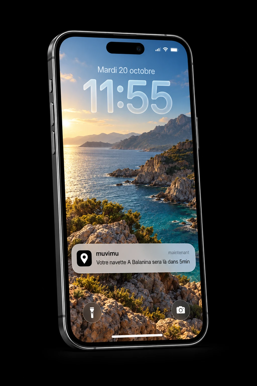 Mockup iPhone avec un écran verrouillé et une notification Muvimu annonçant l’arrivée de la navette A Balanina dans cinq minutes